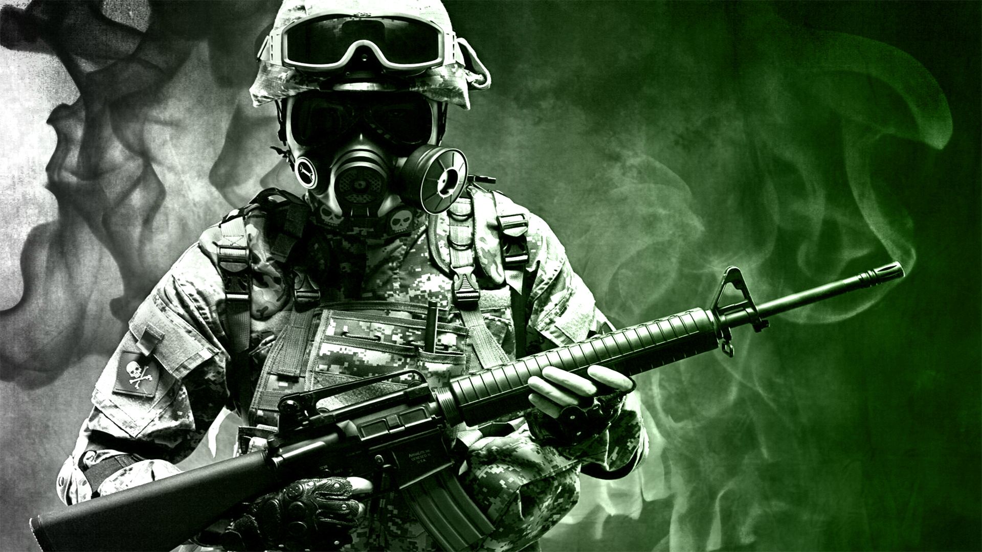 Download full size green fire, soldiers in uniform, armed Character wallpaper / 1920x1080