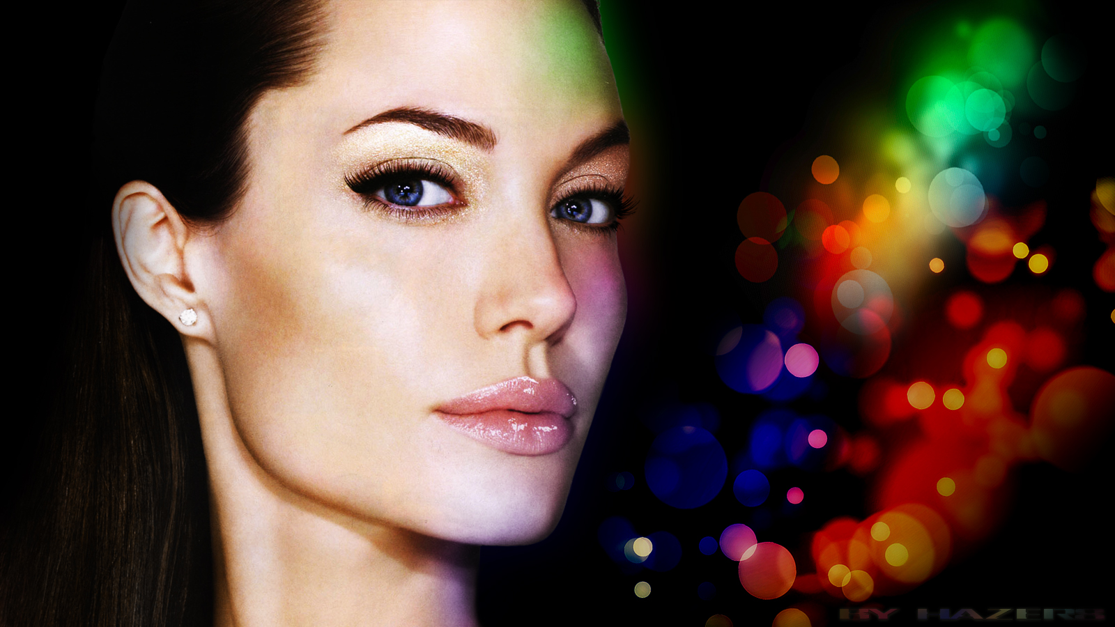 Download HQ face, colorfull Angelina Jolie wallpaper / 1600x900