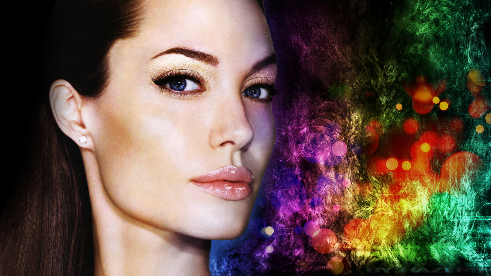 Download full size face, colorfull Angelina Jolie wallpaper / 1600x900