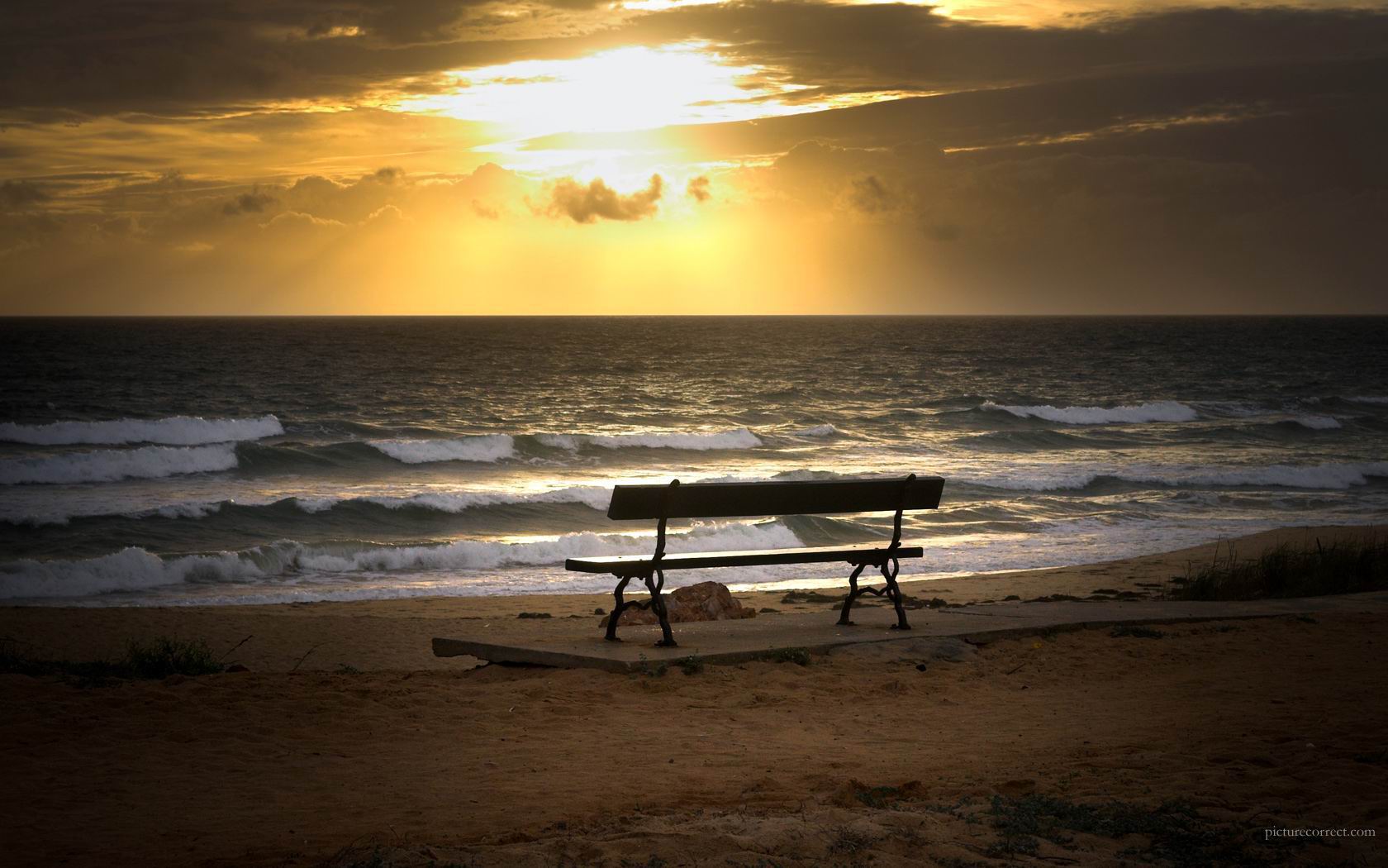 Download full size Bench On Beach Landscape wallpaper / 1680x1050