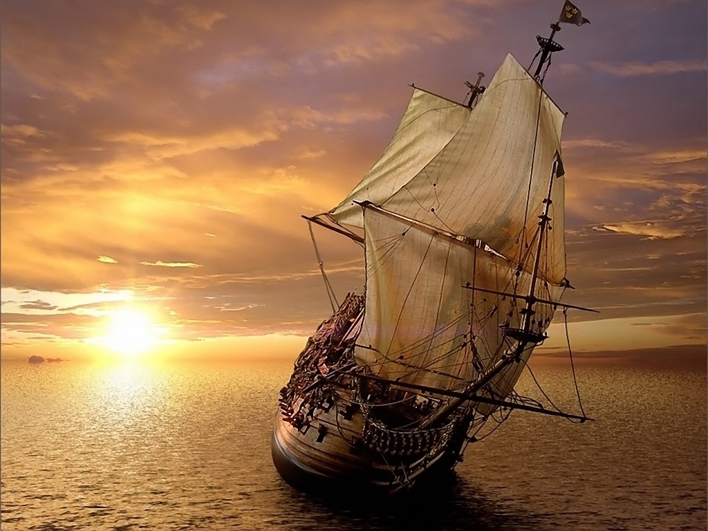 Full size Sun set in sea-way Frigates & Sailing ships wallpaper / 1024x768